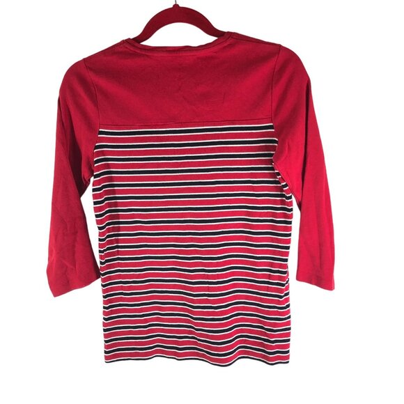 Kim Rogers Red & Black Striped 3/4 Sleeve Cotton Top Crew Neck M - Picture 2 of 4